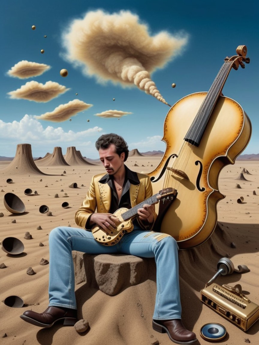 Surreal Desert Landscape with Musician and Instruments
