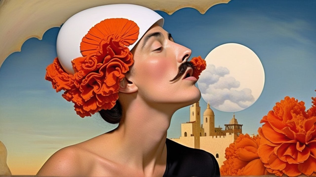 Surreal Woman with Orange Flowers and Moonlit Landscape