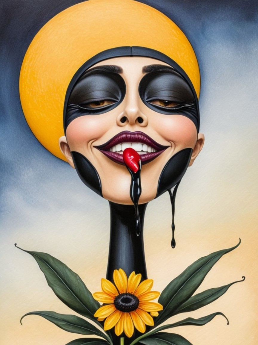 Stylized Character with Elongated Neck and Sunflower