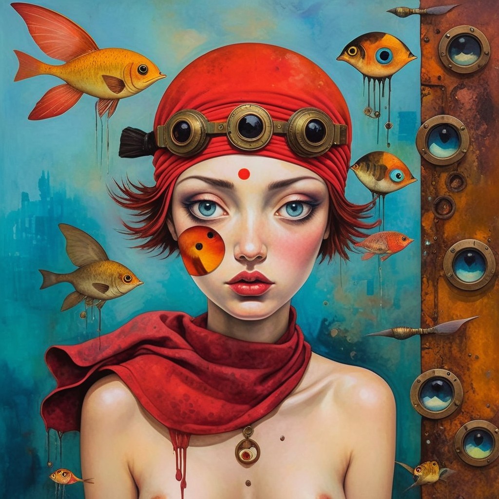Surreal Portrait of Woman with Fish in Blue Background