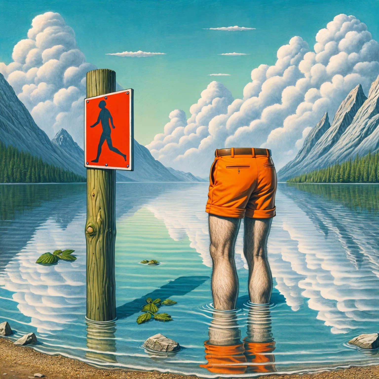 Serene lake with mountains and playful surreal elements