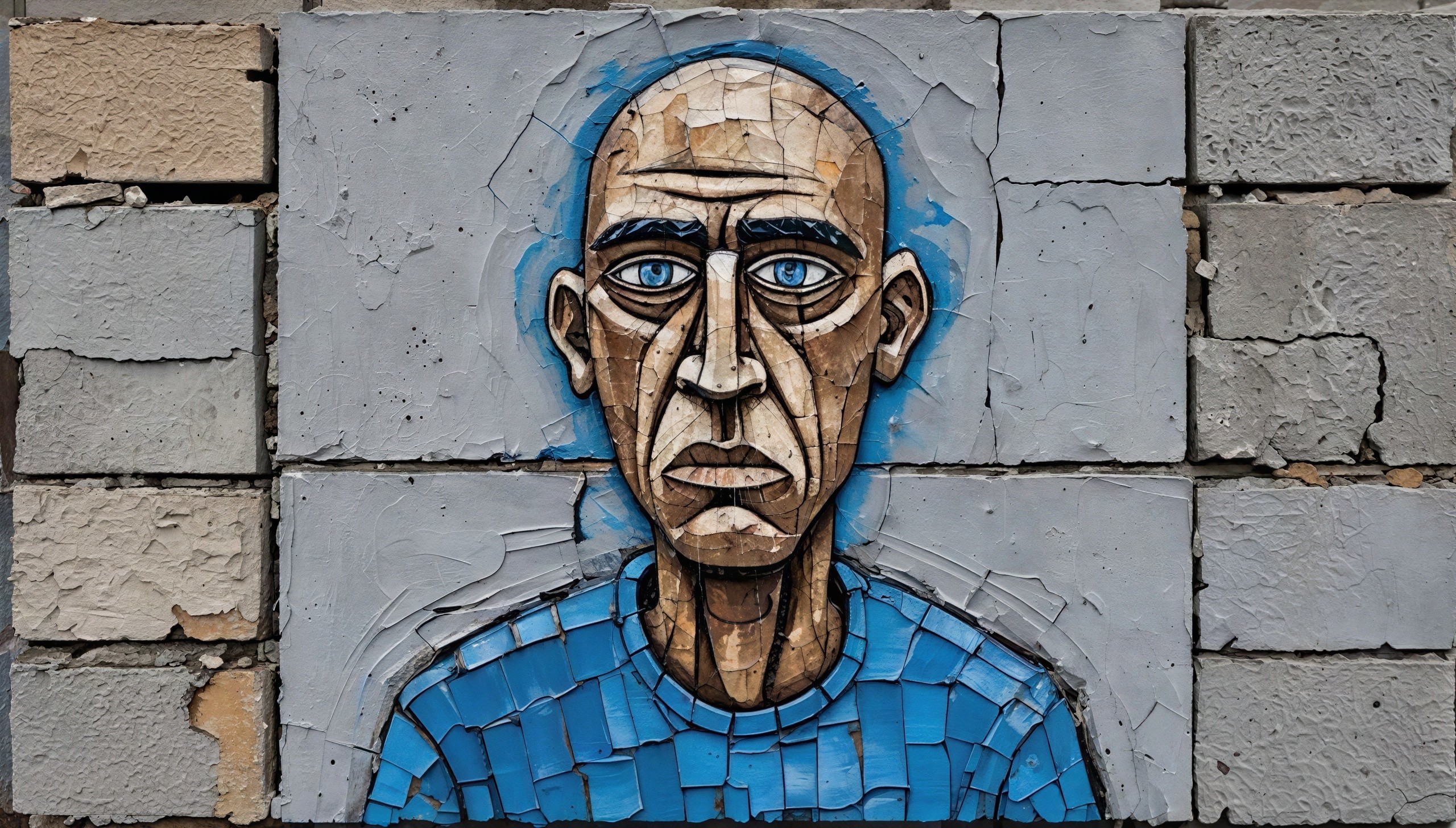 Abstract mural of a bald man with blue eyes