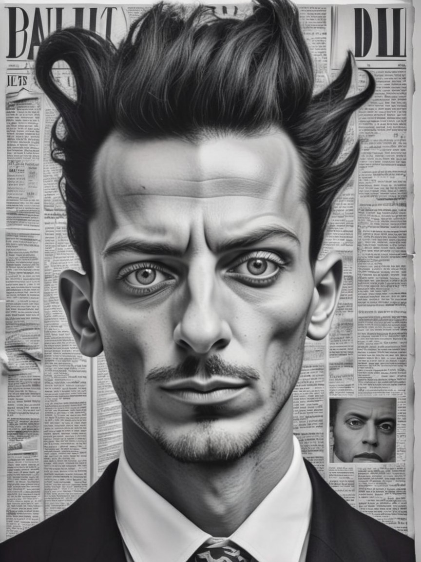 Black-and-White Portrait of a Man with Newspaper Background
