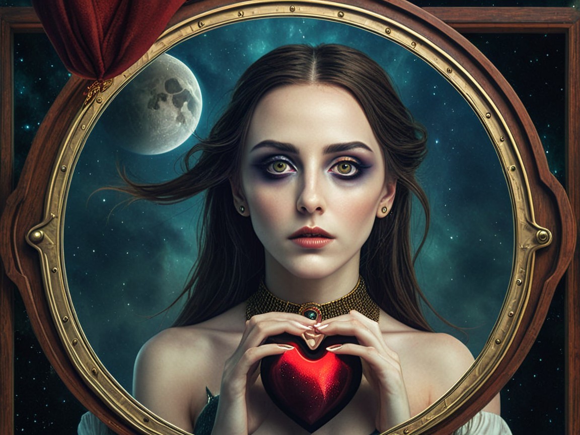 Young Woman with Heart in Circular Mirror Frame