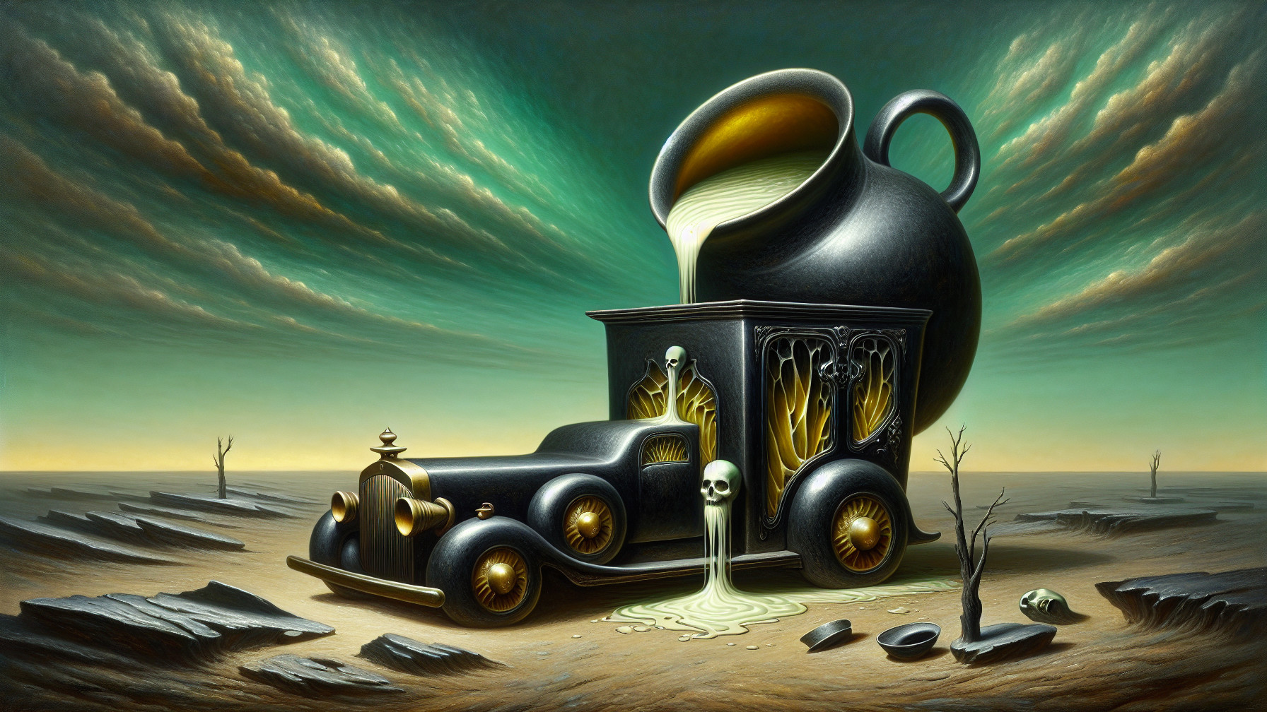 Surreal Scene with Vintage Car and Eerie Figures