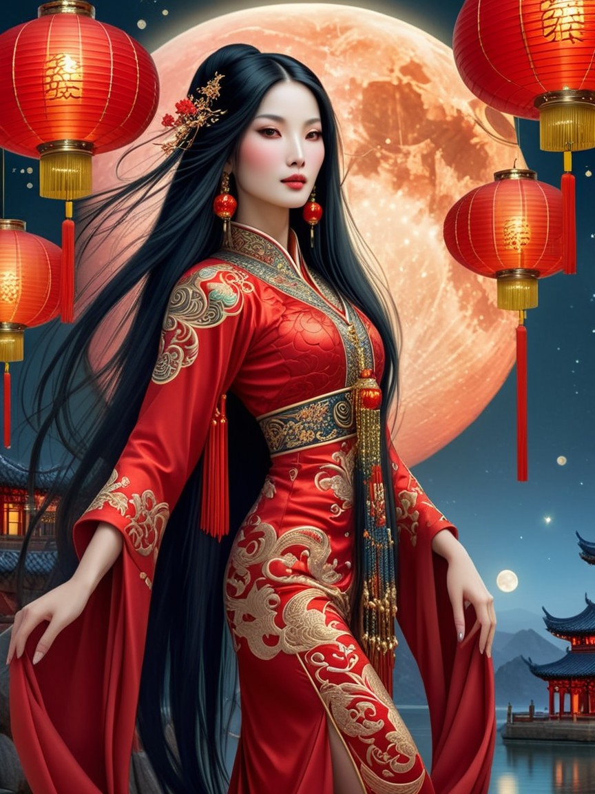 Traditional Red Dress with Lanterns and Moonlit Scene
