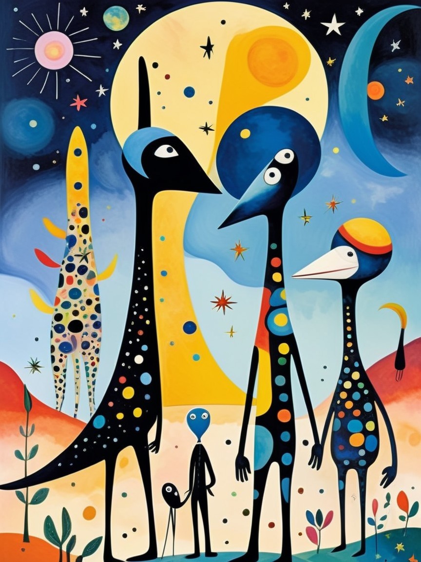 Whimsical Illustration of Cosmic Figures and Alien Creature