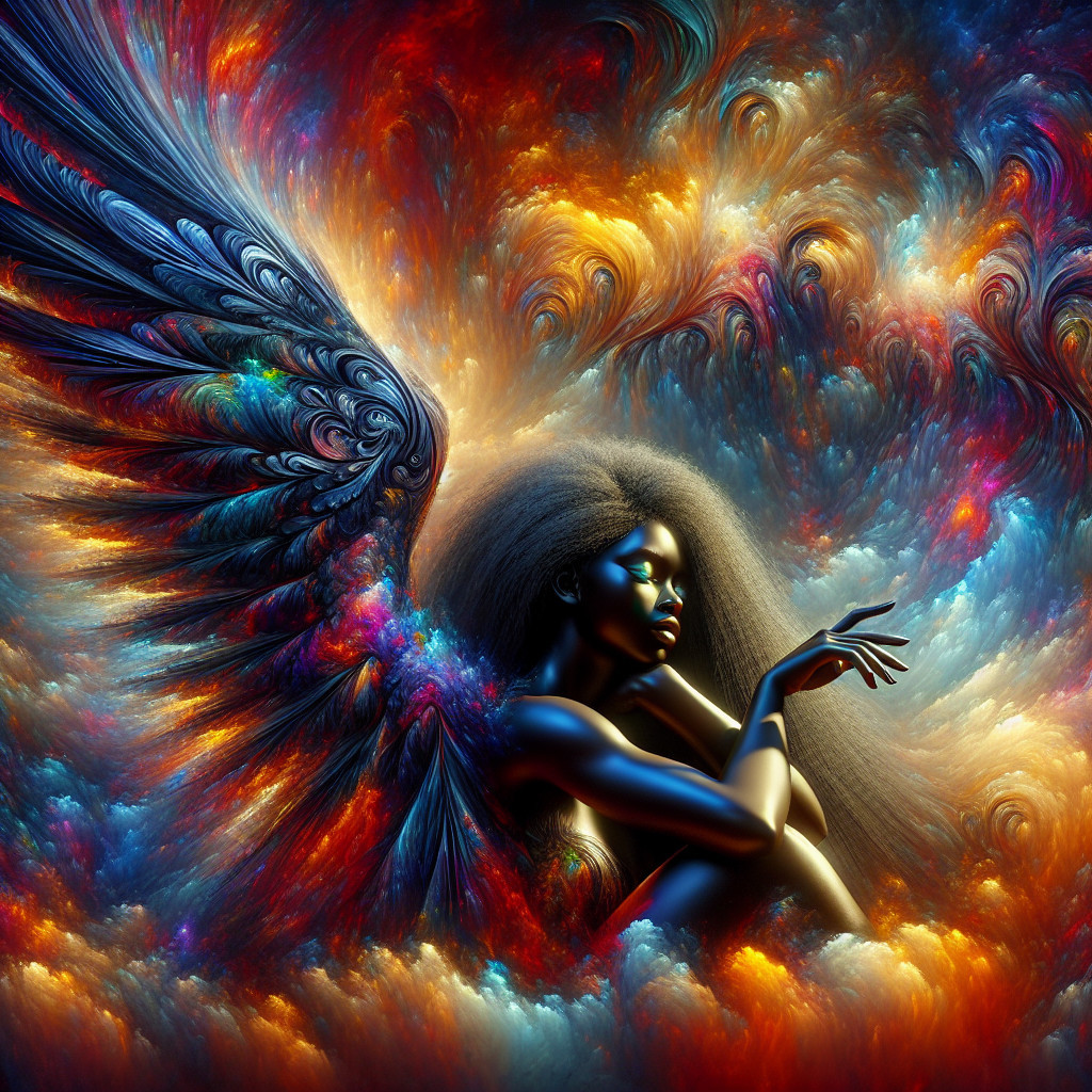 Surreal Figure with Detailed Wings and Vibrant Colors