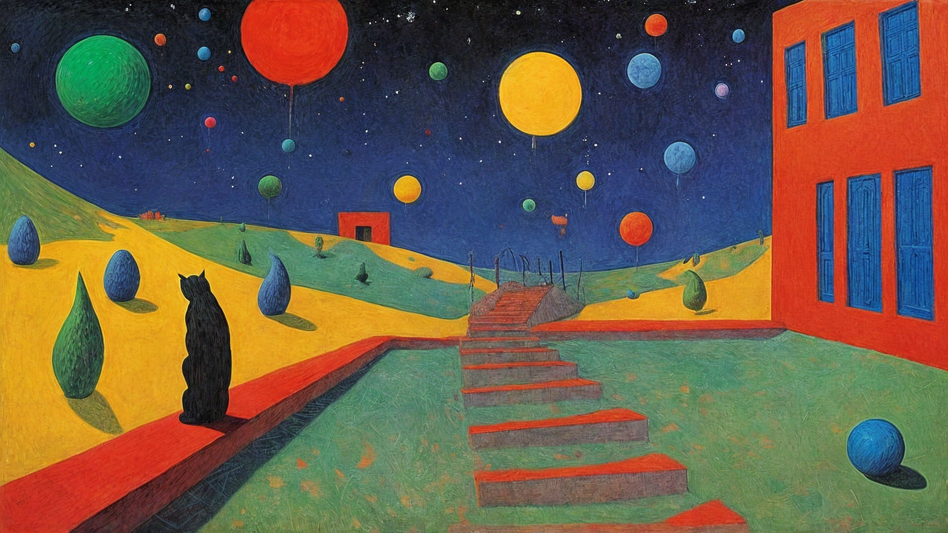 Vibrant Dreamlike Landscape with Black Cat and Night Sky