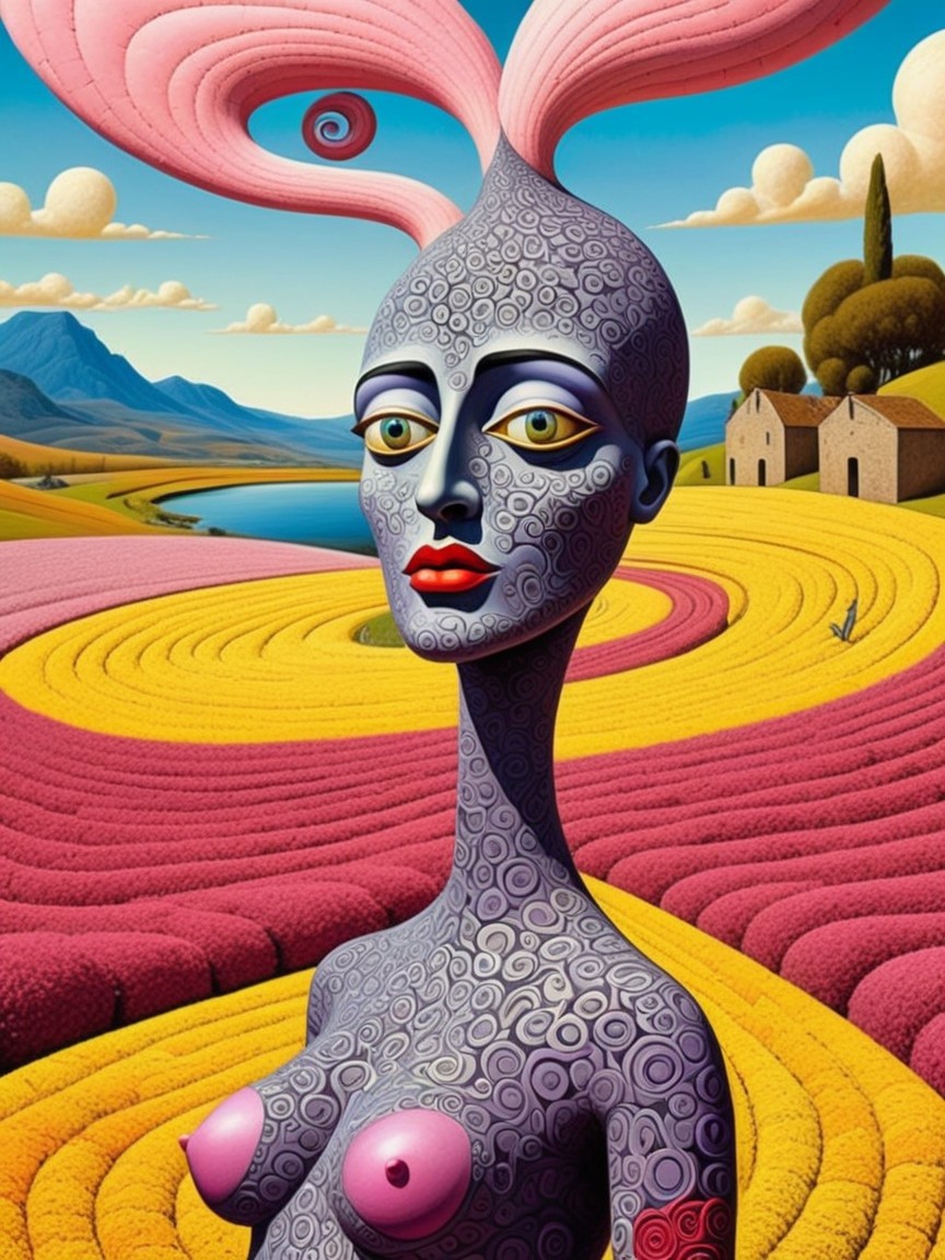 Surreal Landscape with Stylized Female Figure and Patterns