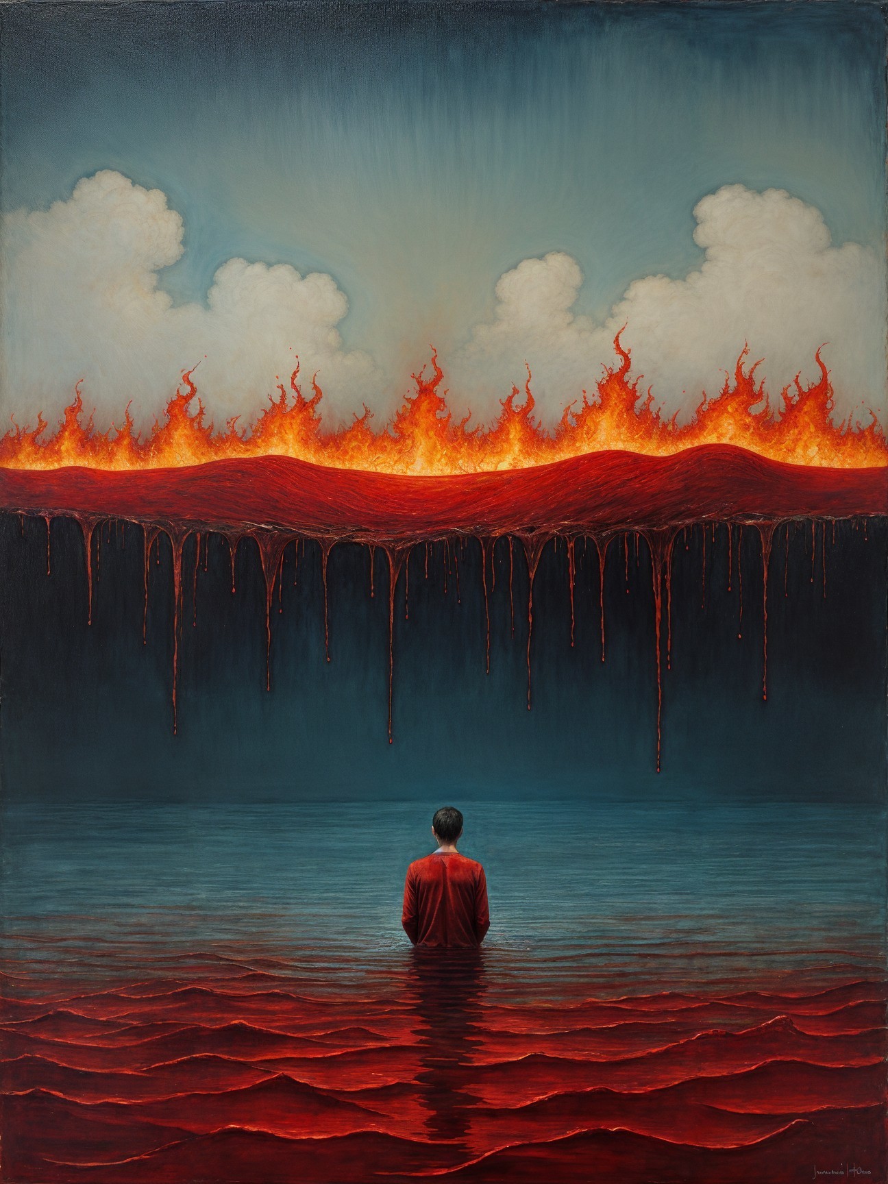 Solitary Figure in Calm Waters Against Fiery Horizon