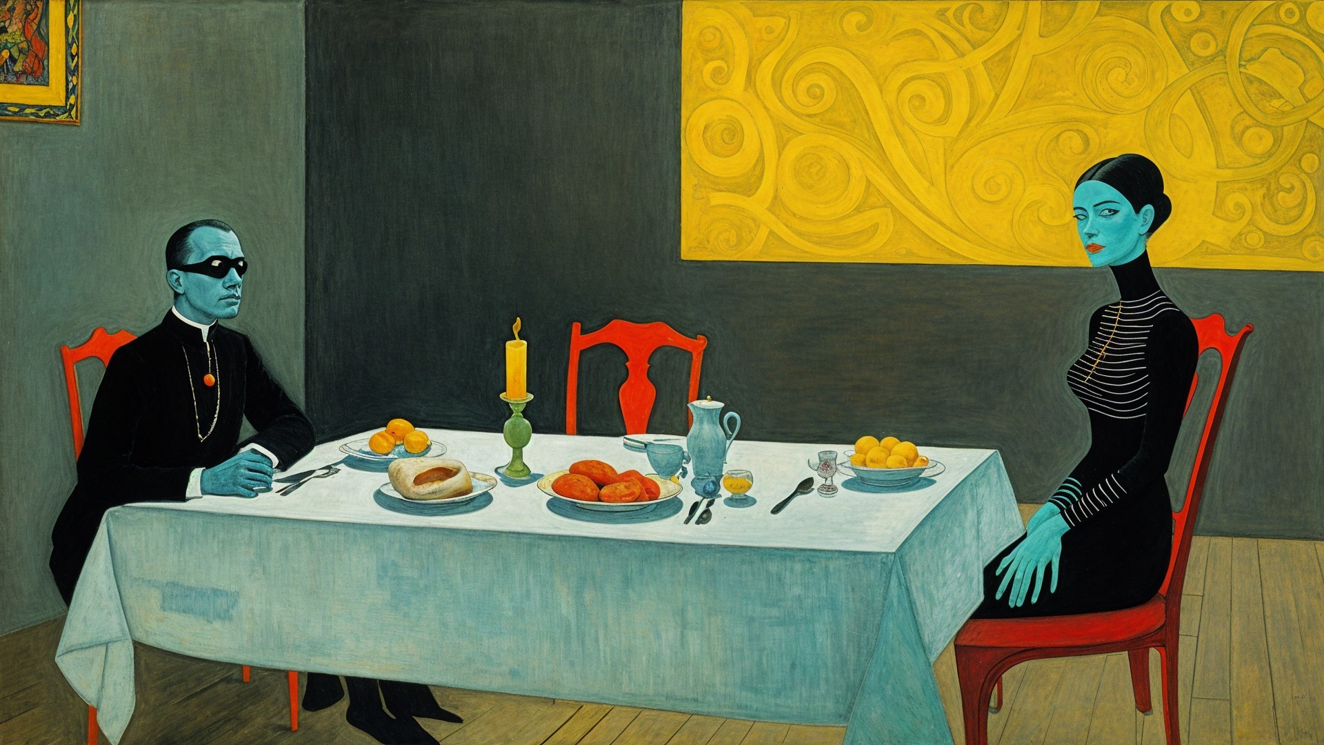 Surreal Dining Scene with Two Figures and Abstract Background