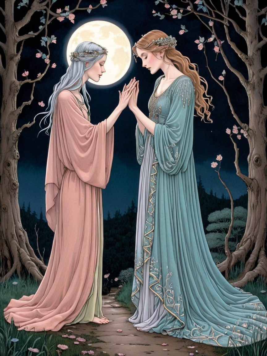 Ethereal Figures in Twilight with Moonlit Connection