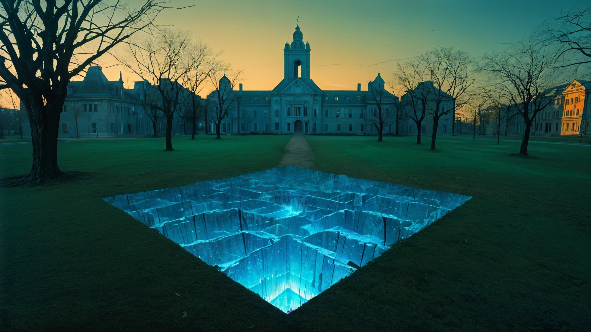 Serene Sunset Landscape with Historical Building and Labyrinth