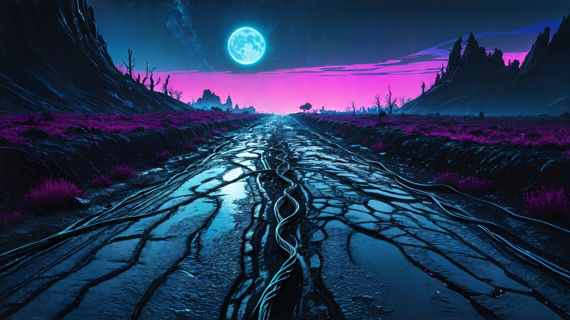 Desolate Road in Surreal Landscape with Vibrant Colors