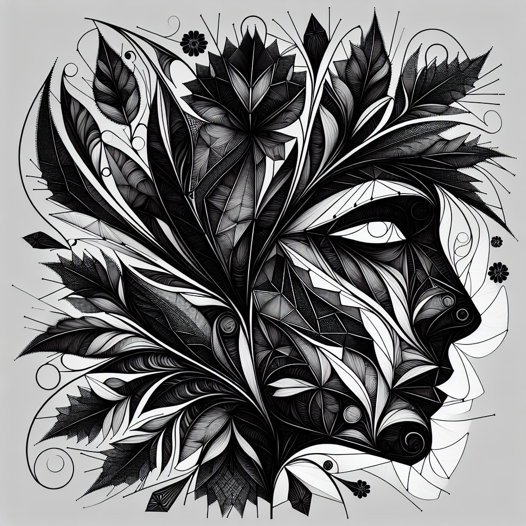 Stylized Face with Floral and Leaf Patterns in Black and White