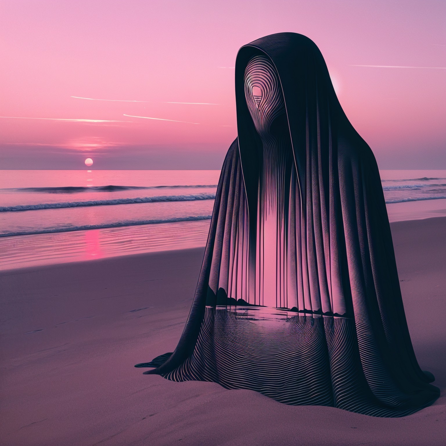 Mystical Figure on Serene Beach at Sunset