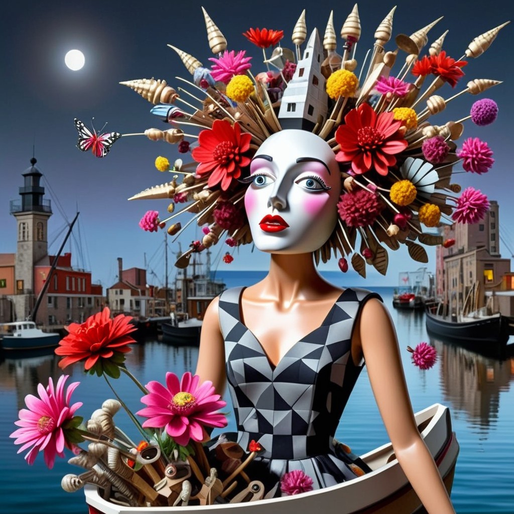 Surreal figure with mask in vibrant harbor scene