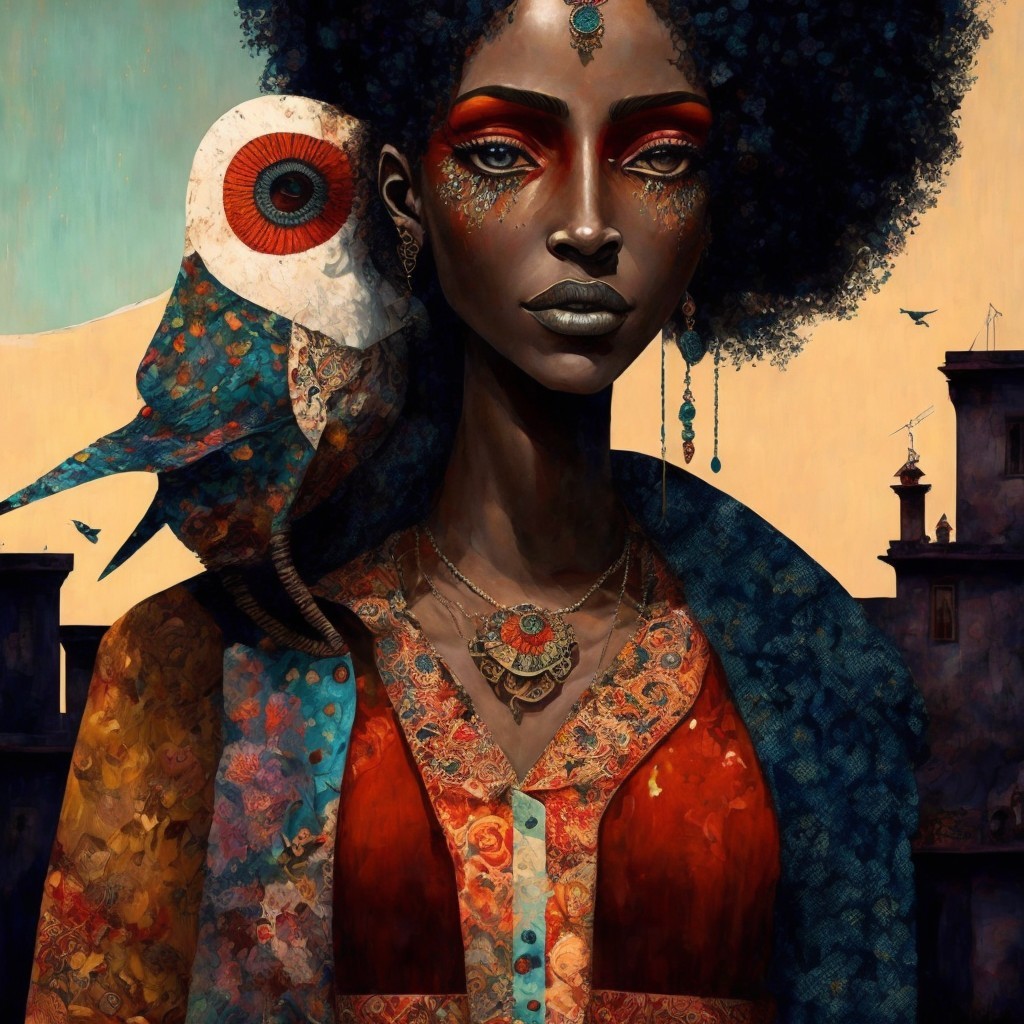 Striking Woman in Bold Outfit with Colorful Bird