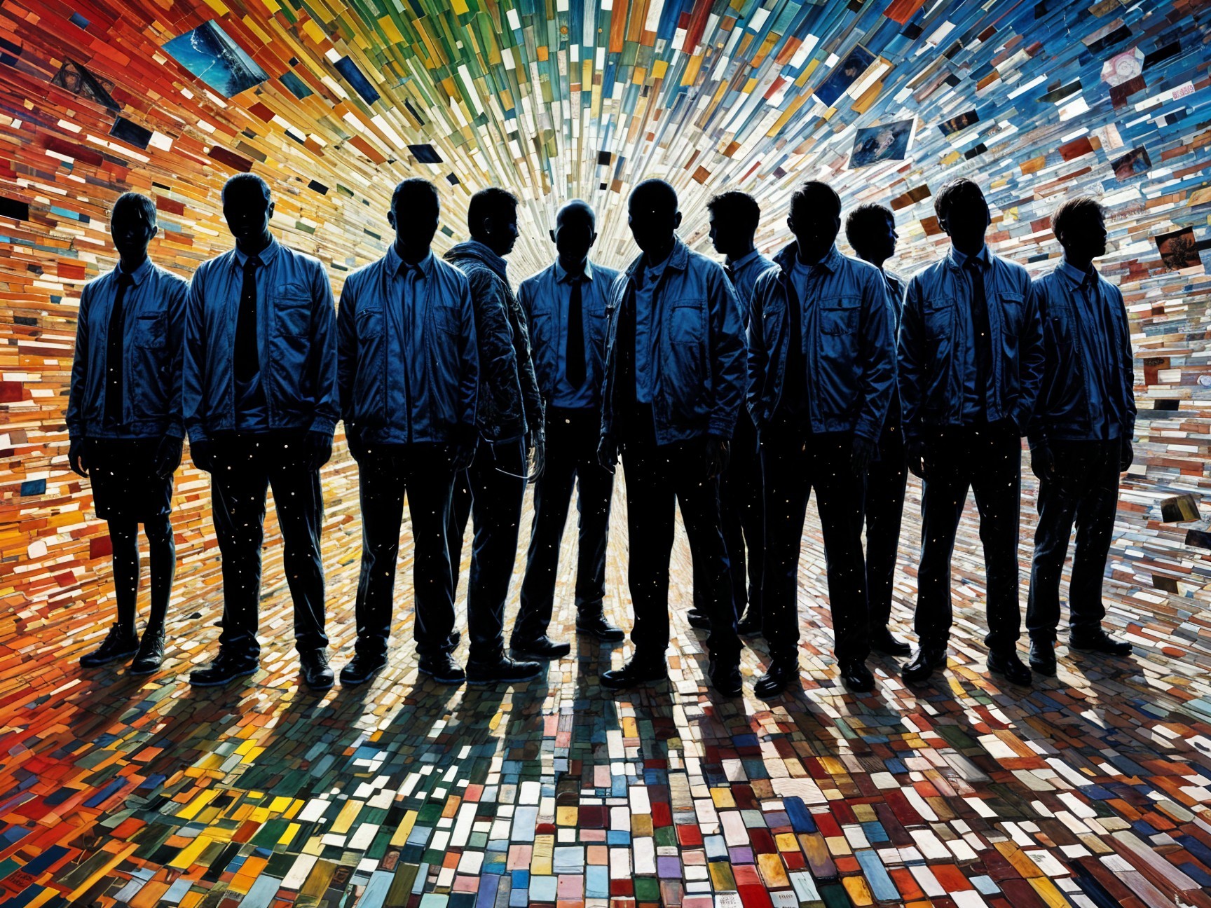 Silhouettes Against Vibrant Abstract Geometric Background