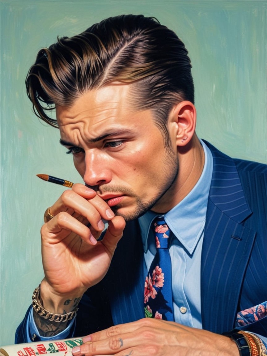 Contemplative Young Man in Stylish Suit and Floral Tie