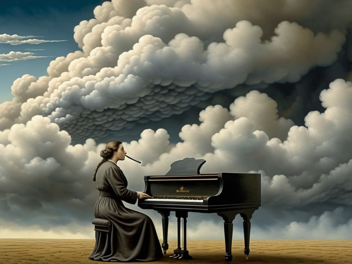 Woman in Black Dress Playing Piano Under Dramatic Clouds