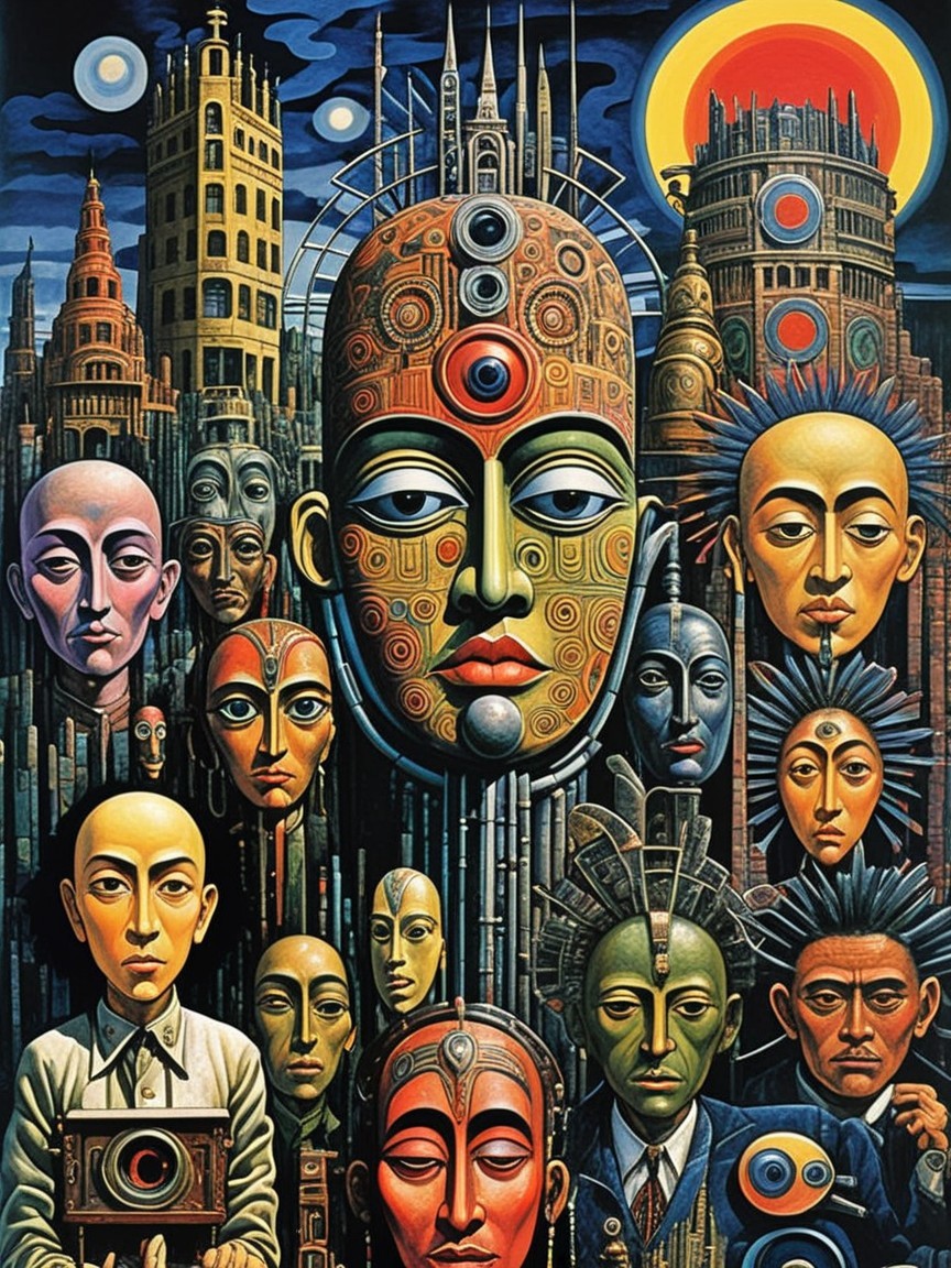 Surreal Artwork with Abstract Human Faces and Mask