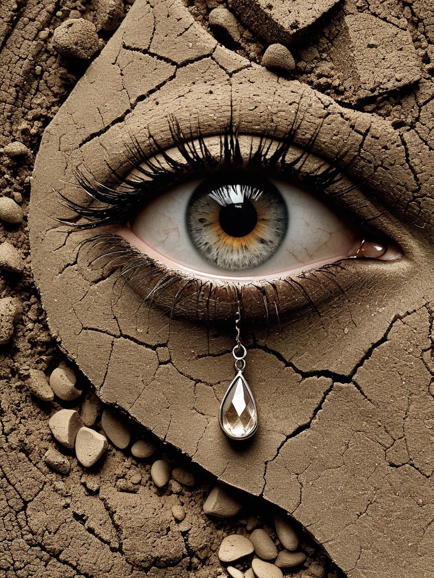 Close-up of an eye with textured cracked earth background
