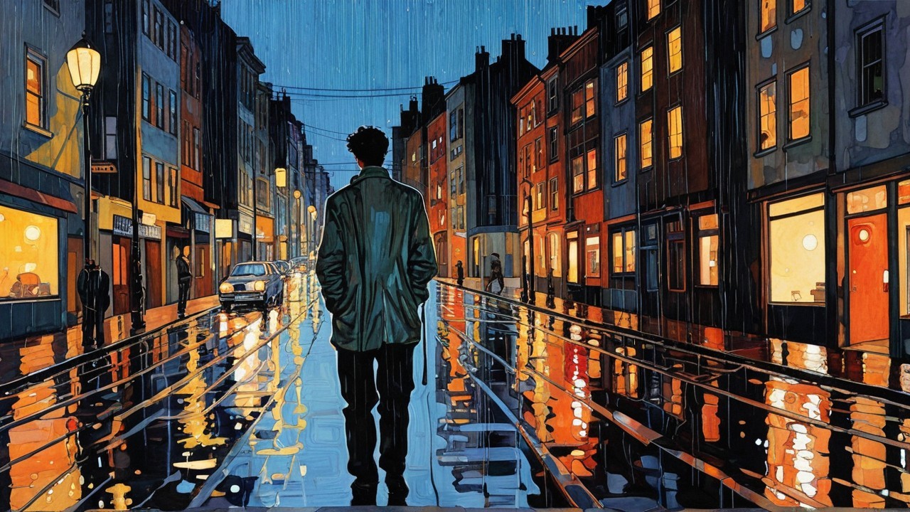 Solitary Figure in Rainy Street with Reflections