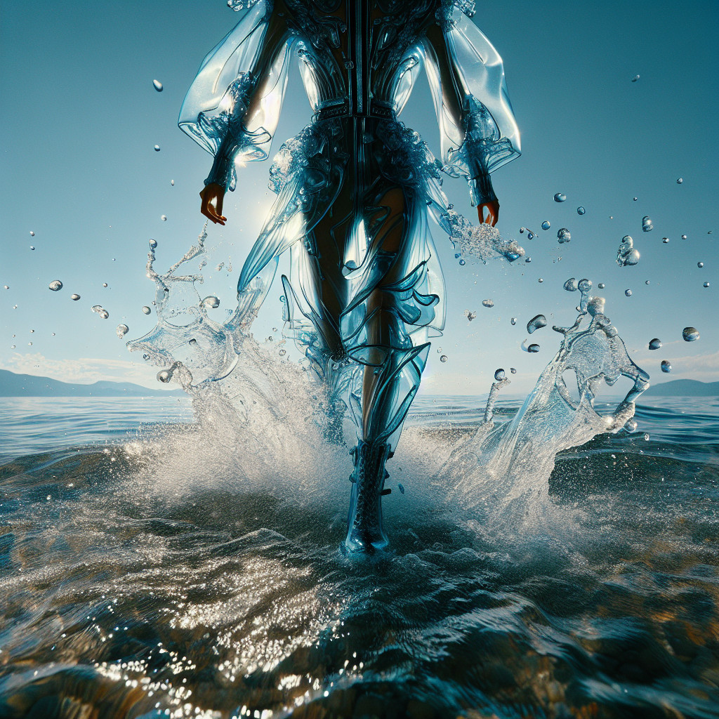 Graceful figure walking in serene water landscape