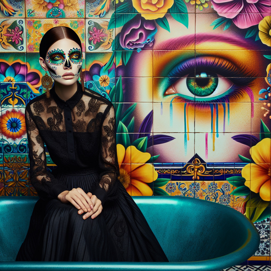 Model in Turquoise Bathtub with Sugar Skull Makeup