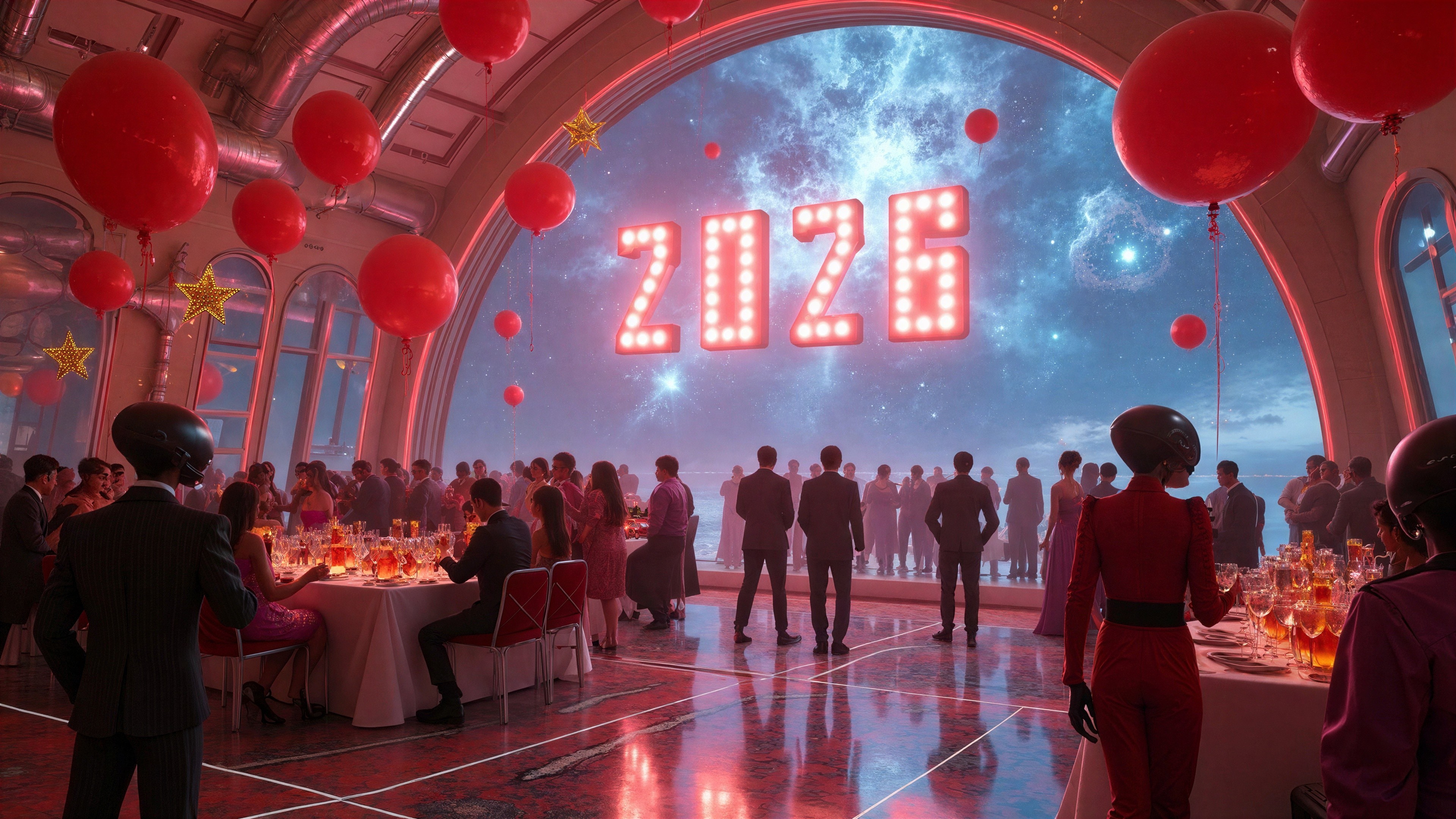 Futuristic Party Scene with Starry Sky and Decorations