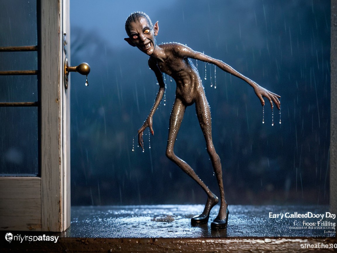 Surreal Creature at Doorway in Rainy Atmosphere