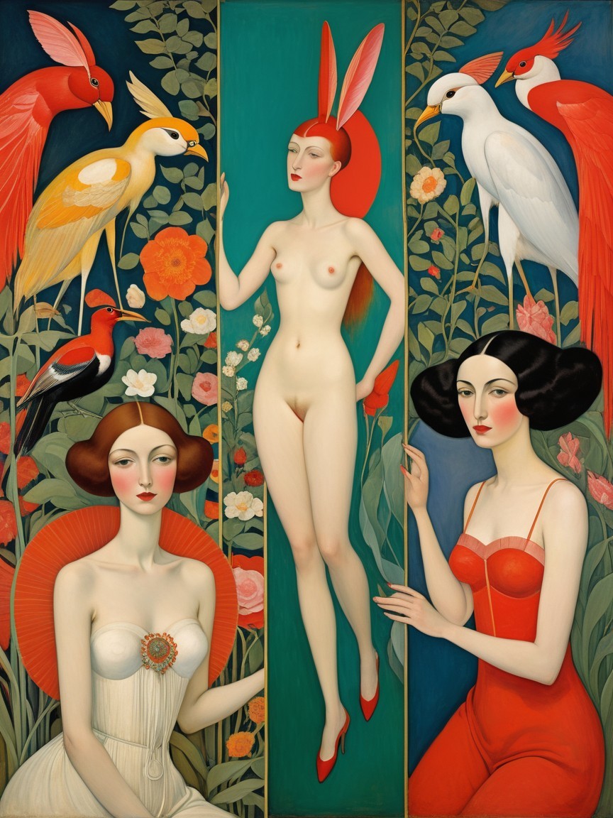 Stylized Female Figures in Lush Botanical Setting