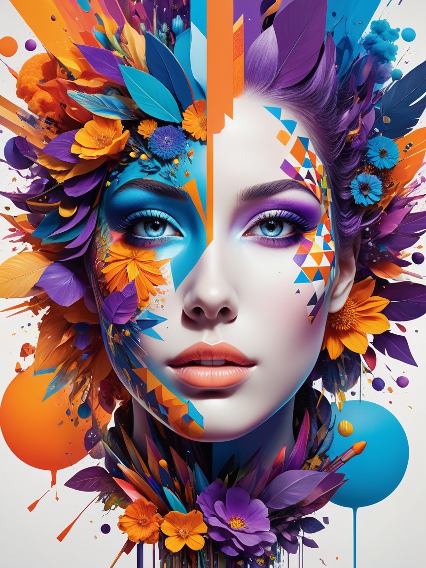 Vibrant Portrait of Woman with Flowers and Geometry