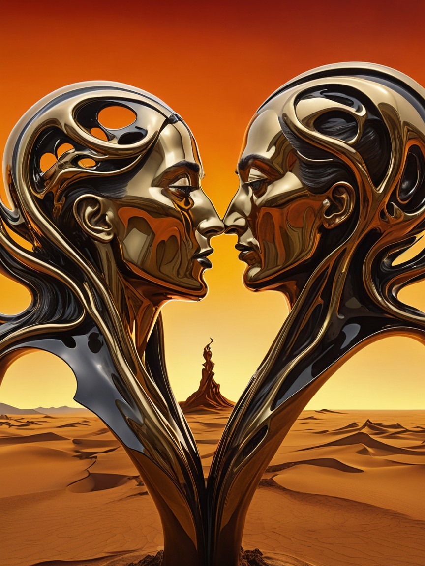 Intertwined Metallic Figures in Orange Desert Landscape