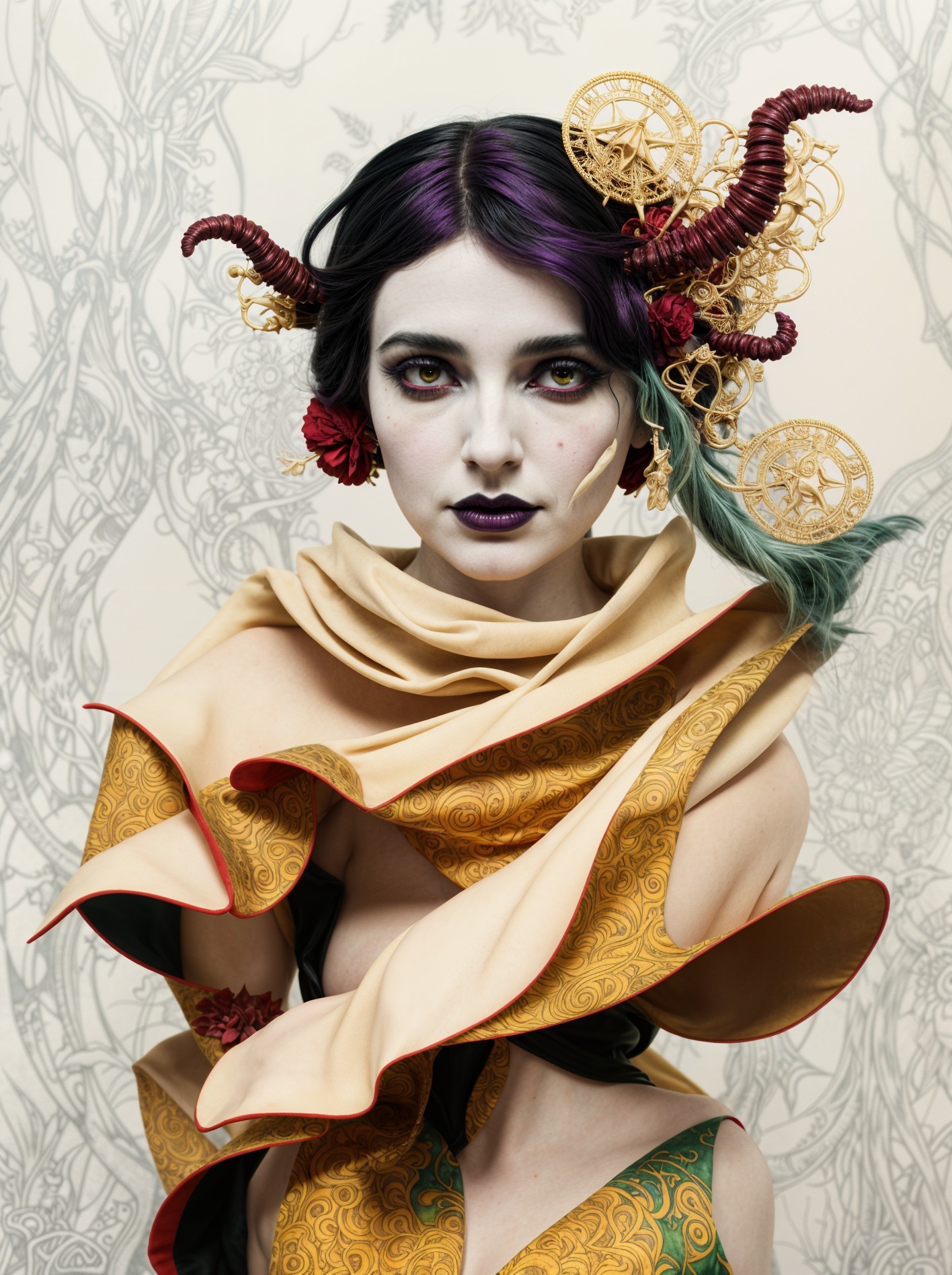 Avant-garde woman with horns and floral accessories