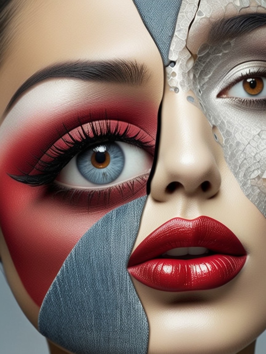 Artistic Face Split: Makeup and Reptilian Texture
