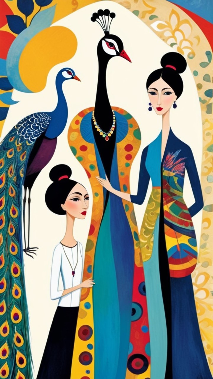 Elegant Women in Colorful Outfits with Peacock