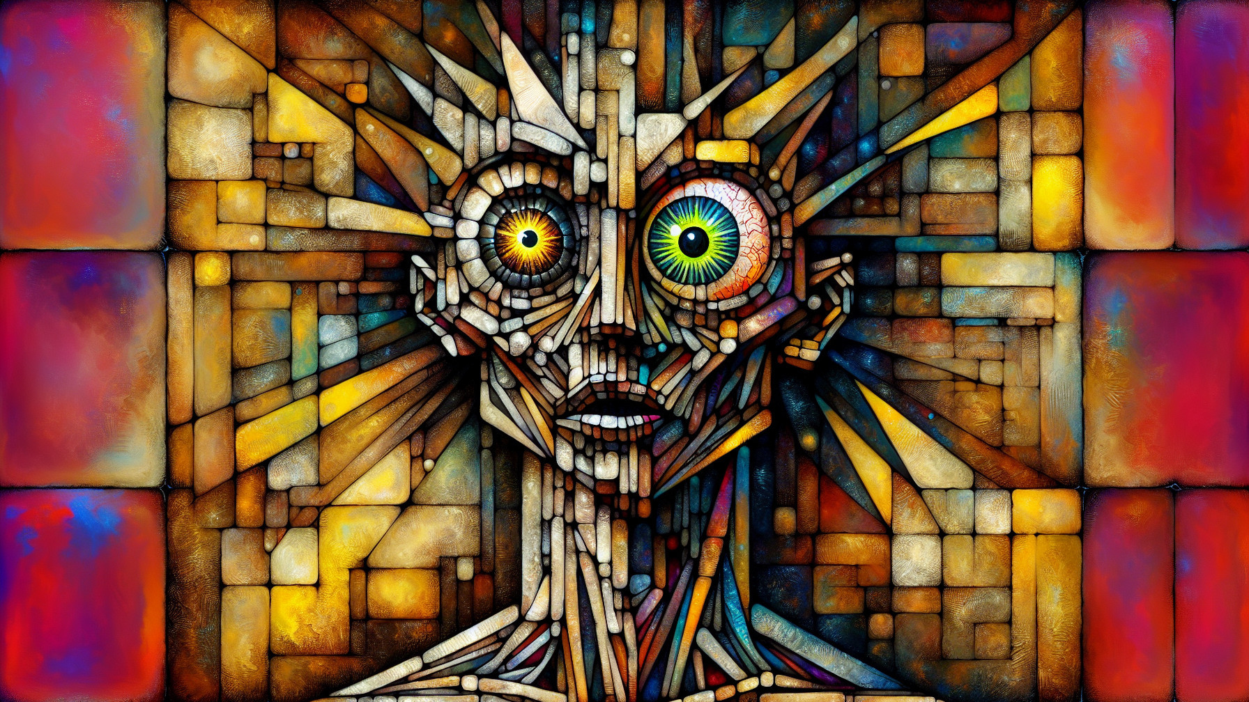 Abstract Figure with Large Eyes and Vivid Background