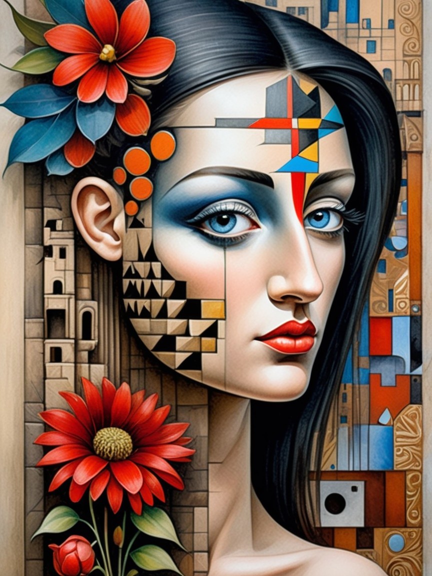 Stylized portrait of a woman with blue eyes and bold makeup