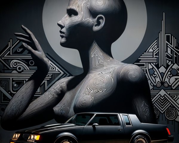 Classic Car and Mural with Stylized Female Figure