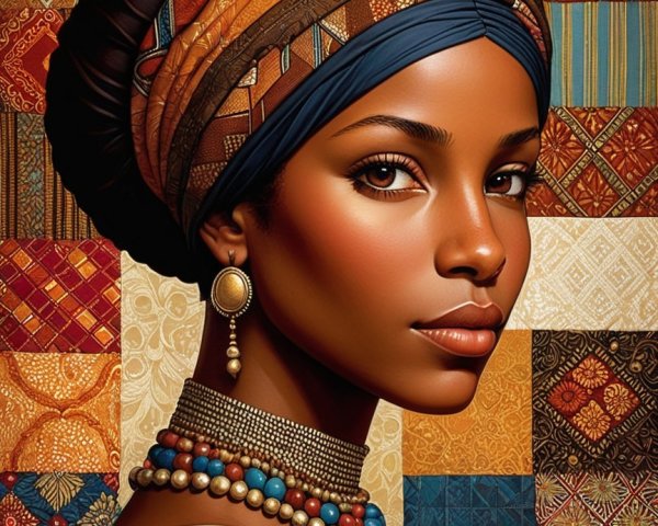 Portrait of a woman in vibrant headwraps and jewelry