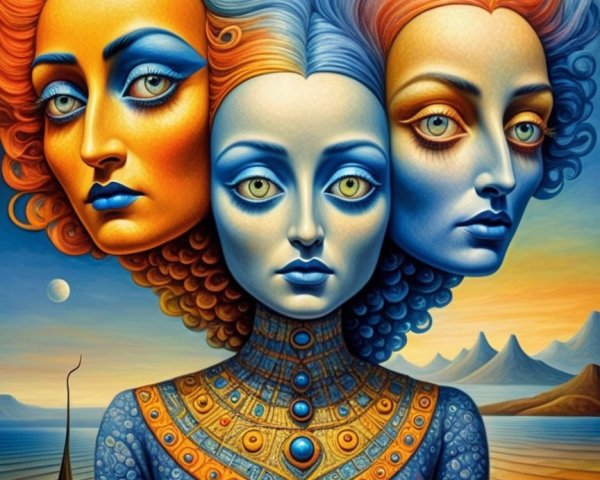 Surreal Artwork of Merging Female Faces in Colorful Landscape