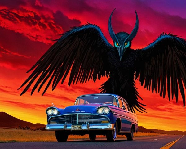 Vintage Blue Car Under Sunset with Mythical Owl