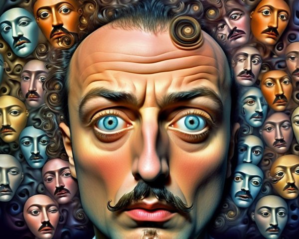Surreal Composition with Central Figure and Faces
