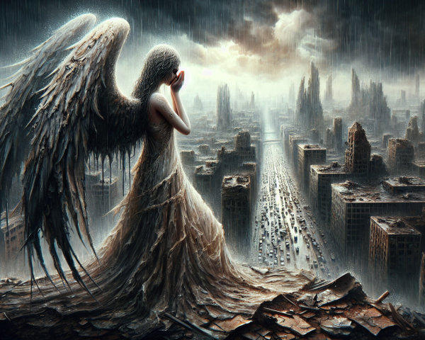 Angel in Tattered Wings Over Desolate Cityscape
