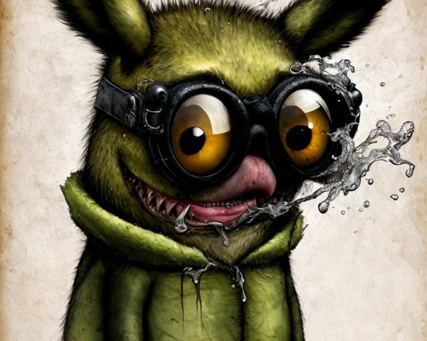 Whimsical creature with green fur and playful features
