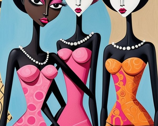 Stylized Women in Vibrant Dresses and Unique Hairstyles