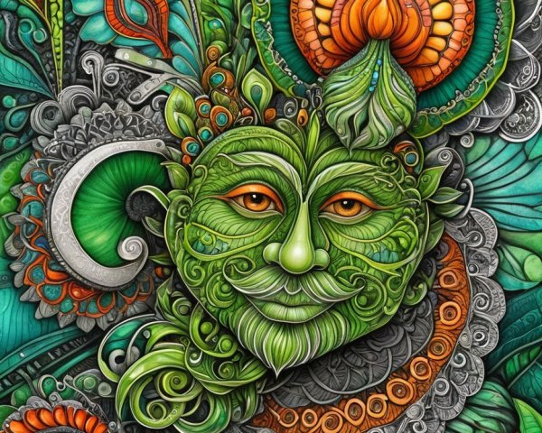 Intricate Illustration of a Green Face with Nature Elements
